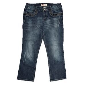 Lei Ashley Low Rise Crop Jeans Juniors 9 Blue Distressed Denim Measures 31 x 23